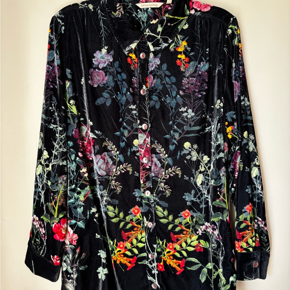 Soft Surroundings | Black Floral Velvet Button-Up Top 1X